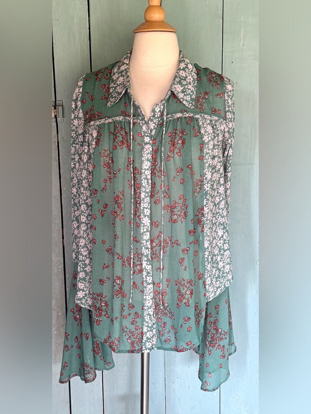 SOLD!!--Free People Womens Emerald Combo Serena Printed Blouse Top Bell Sleeve